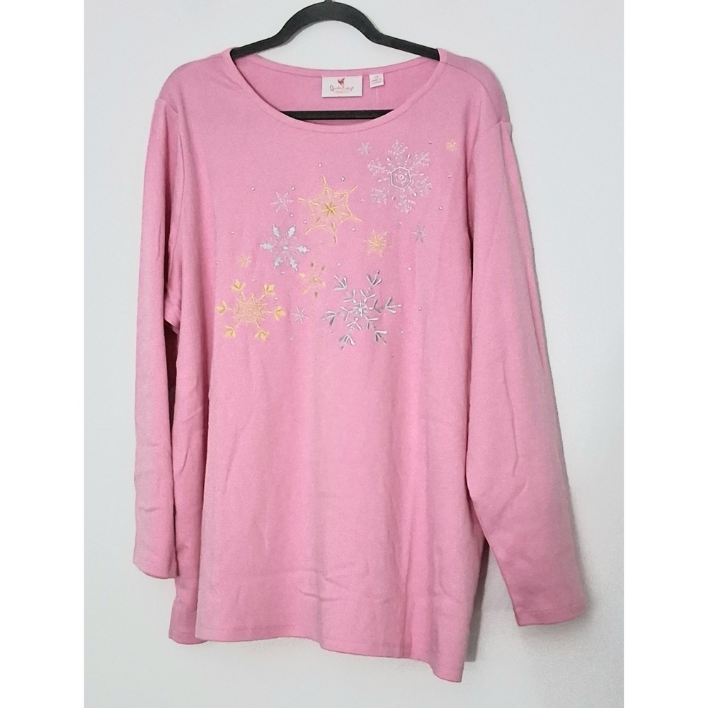 Quacker Factory Top Size 2X Pink Long Sleeve Embroidered Beaded Snowflakes NEW